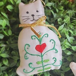 Vintage Satin Embroidered Cat Ornaments Set Of 4